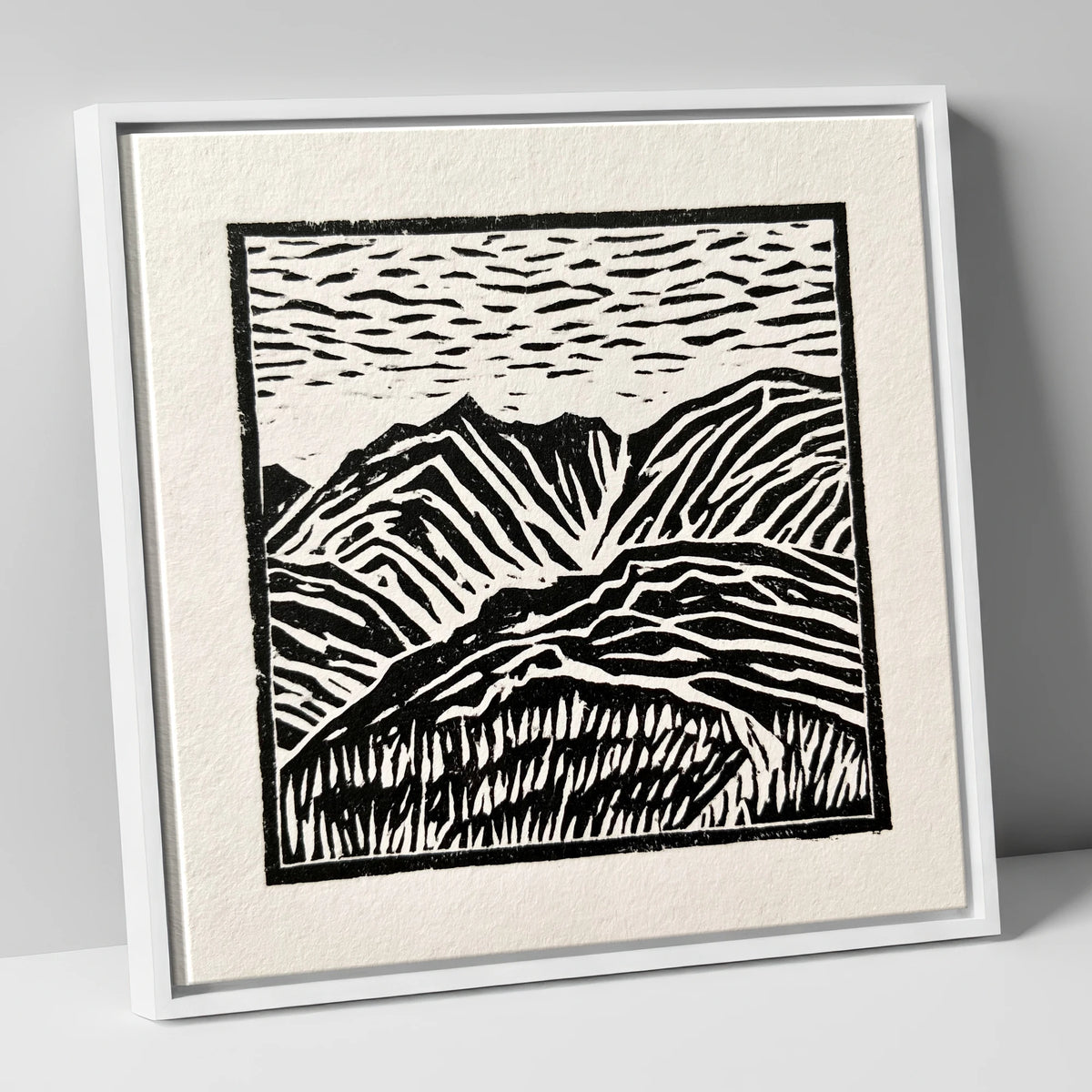 Graphic Mountain Summit View lake district fell canvas wall art in white frame