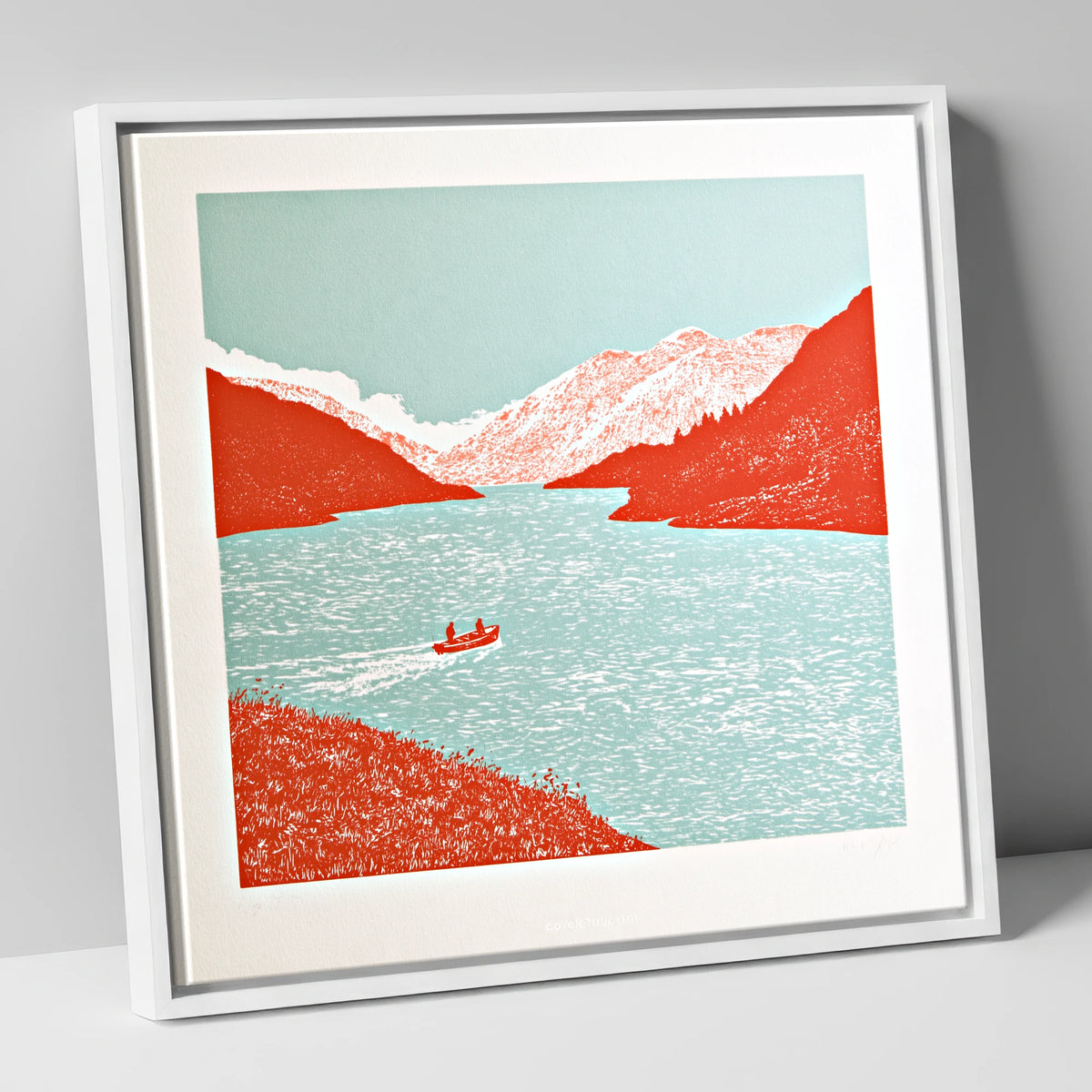 Coniston Water in Vivid Red lake district lake canvas wall art in white frame