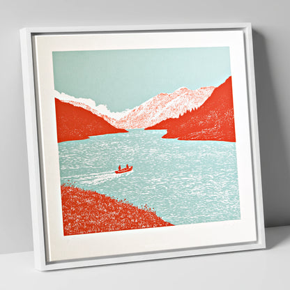 Coniston Water in Vivid Red lake district lake canvas wall art in white frame
