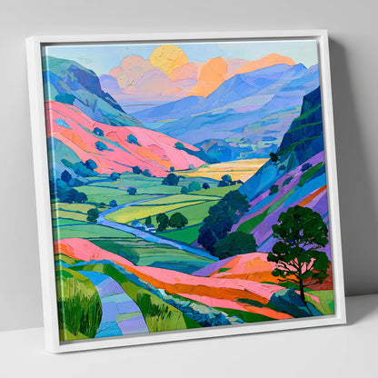 Vibrant Fells and Green Valley lake district valley canvas wall art in white frame
