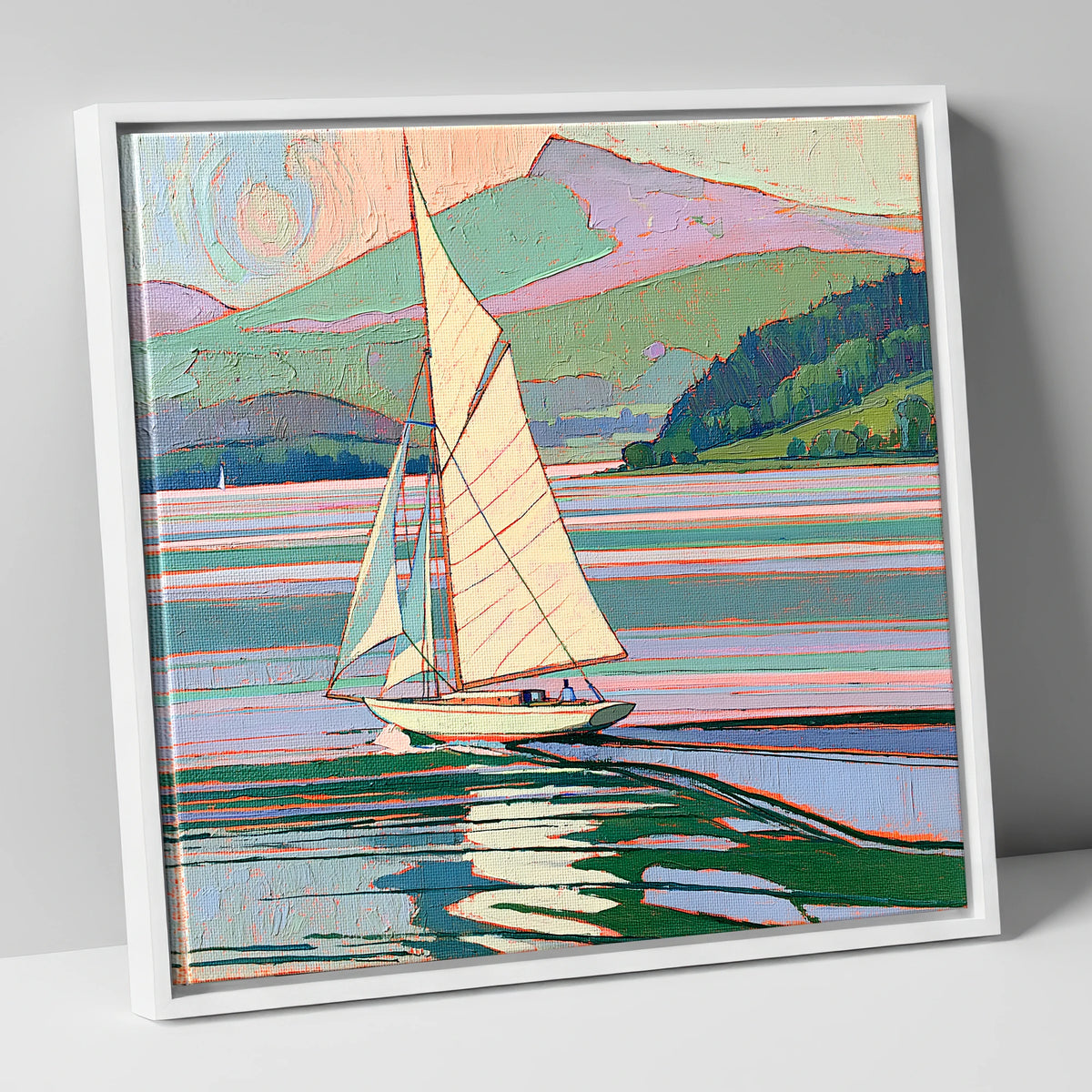 Sailboat on a Pastel Lake lake district walking canvas wall art in white frame