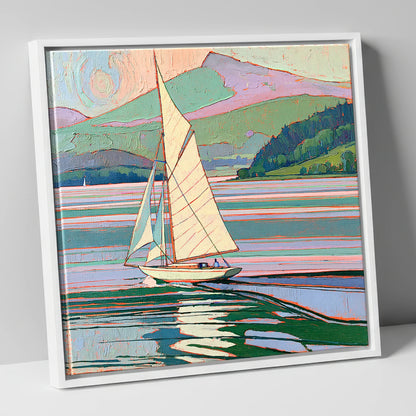 Sailboat on a Pastel Lake lake district walking canvas wall art in white frame