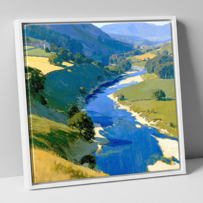 Vivid Winding River Valley lake district waterfall canvas wall art in white frame