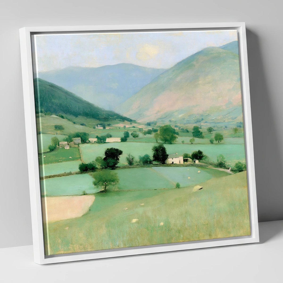 Patchwork Fields Beneath Hazy Fells lake district valley canvas wall art in white frame