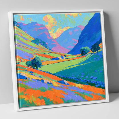 Valley Farm Beneath Bright Fells lake district valley canvas wall art in white frame