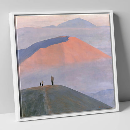 Hikers on a Pastel Fell Top lake district fell canvas wall art in white frame