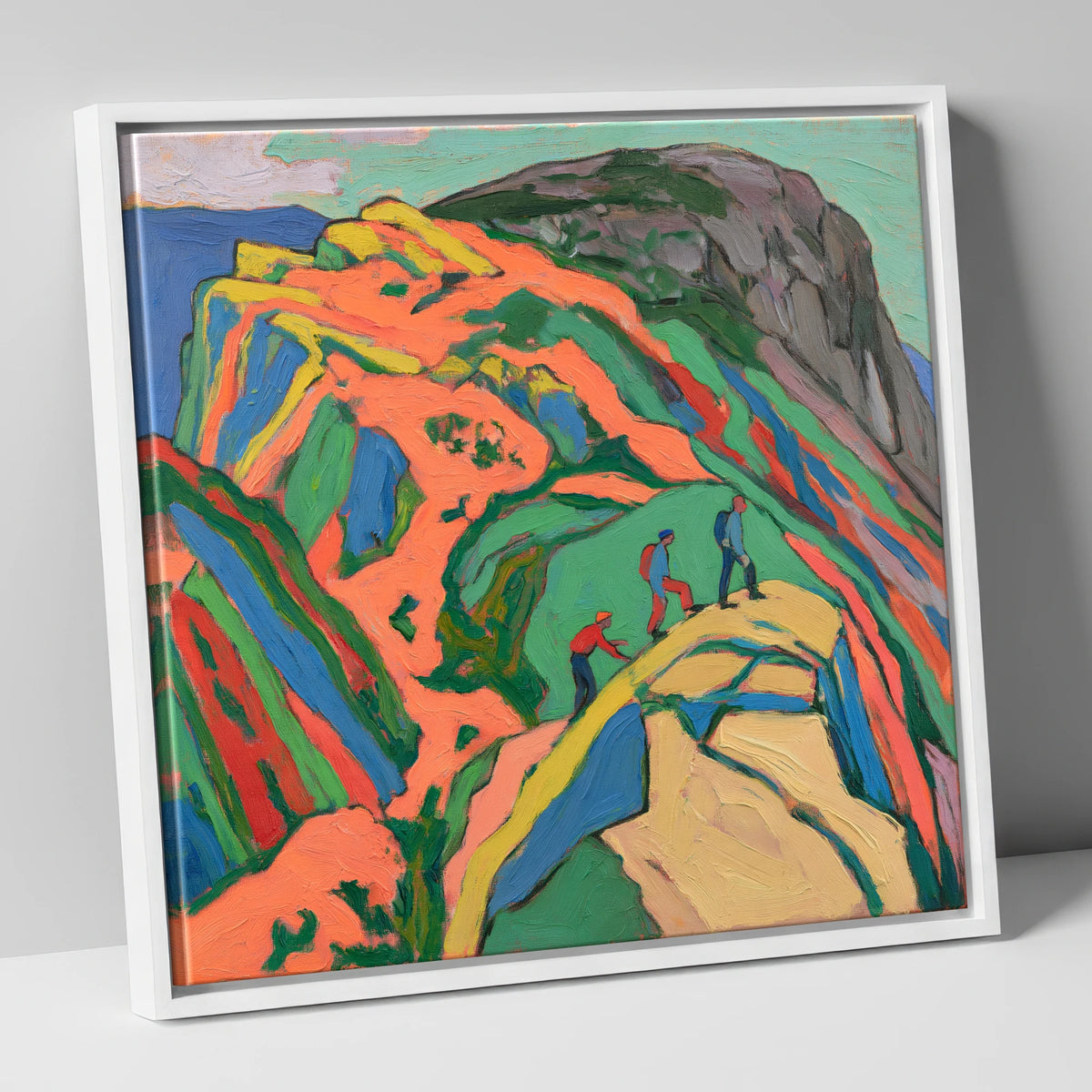 Climbers on the Bright Orange Crag lake district walking canvas wall art in white frame