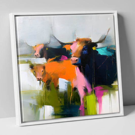 Abstract Highland Cattle Grazing lake district wildlife canvas wall art in white frame