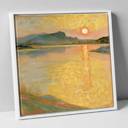 Golden Sunset Over the Lake lake district lake canvas wall art in white frame