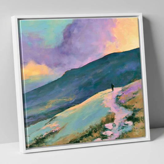 Lone Hiker Under Pastel Skies lake district walking canvas wall art in white frame