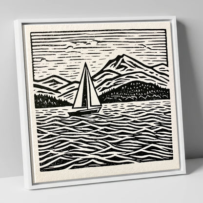 Monochrome Windermere Sailboat and Fells lake district lake canvas wall art in white frame