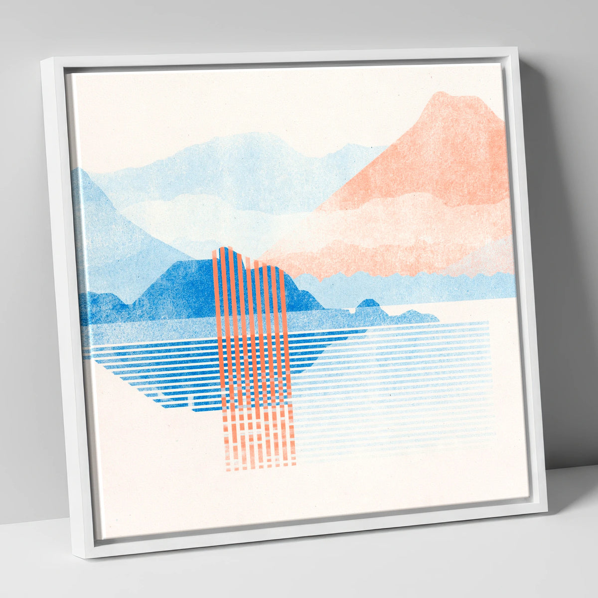 Geometric Derwentwater in Coral and Blue lake district lake canvas wall art in white frame