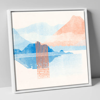 Geometric Derwentwater in Coral and Blue lake district lake canvas wall art in white frame