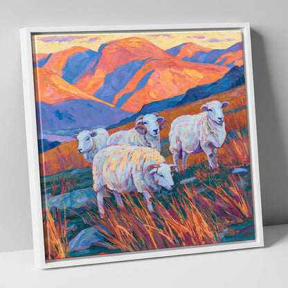 Herdwick Sheep in Sunset Fells lake district wildlife canvas wall art in white frame