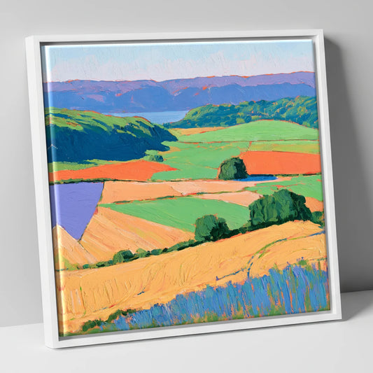 Luminous Patchwork Dale Fields lake district valley canvas wall art in white frame