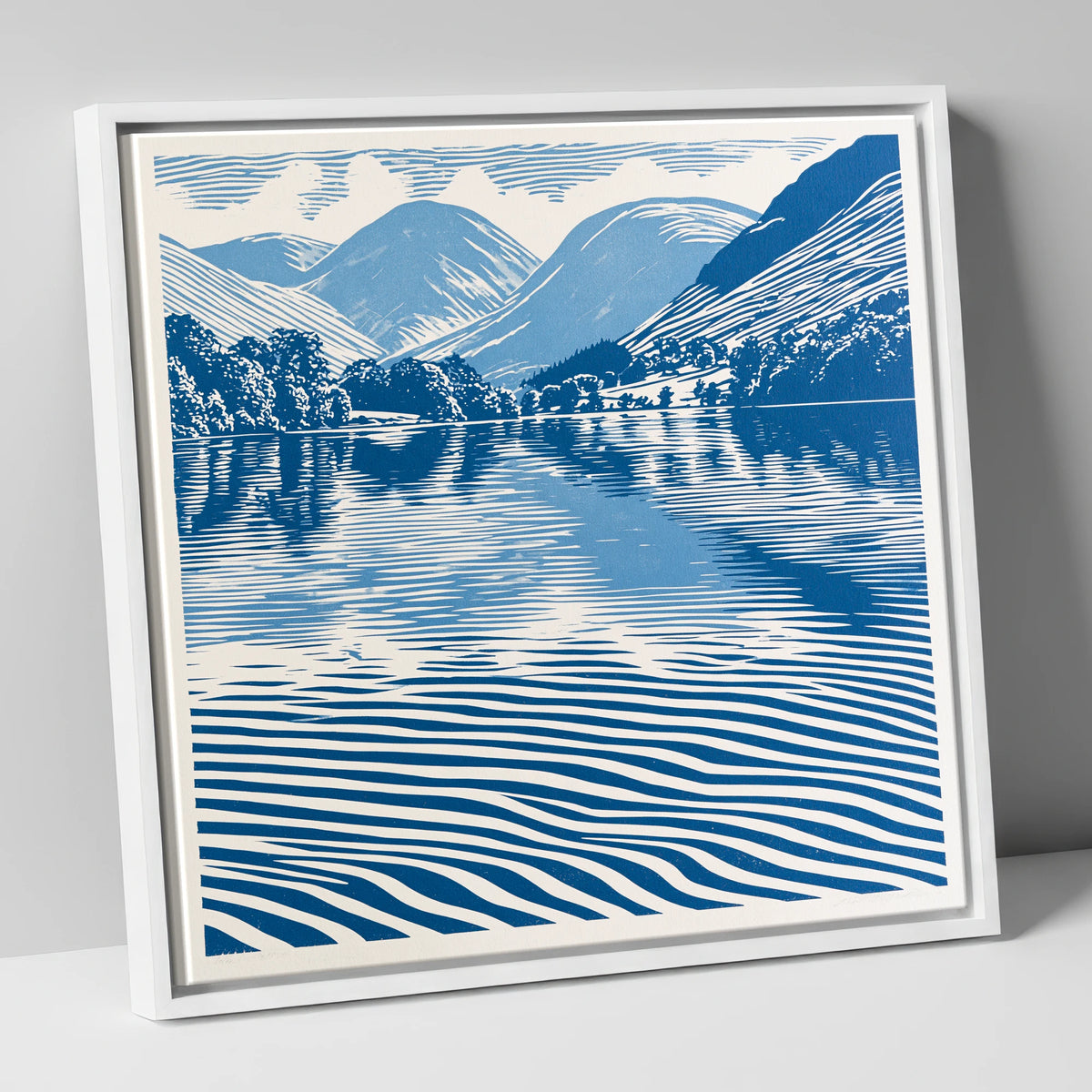 Cobalt Blue Lake Reflections lake district lake canvas wall art in white frame