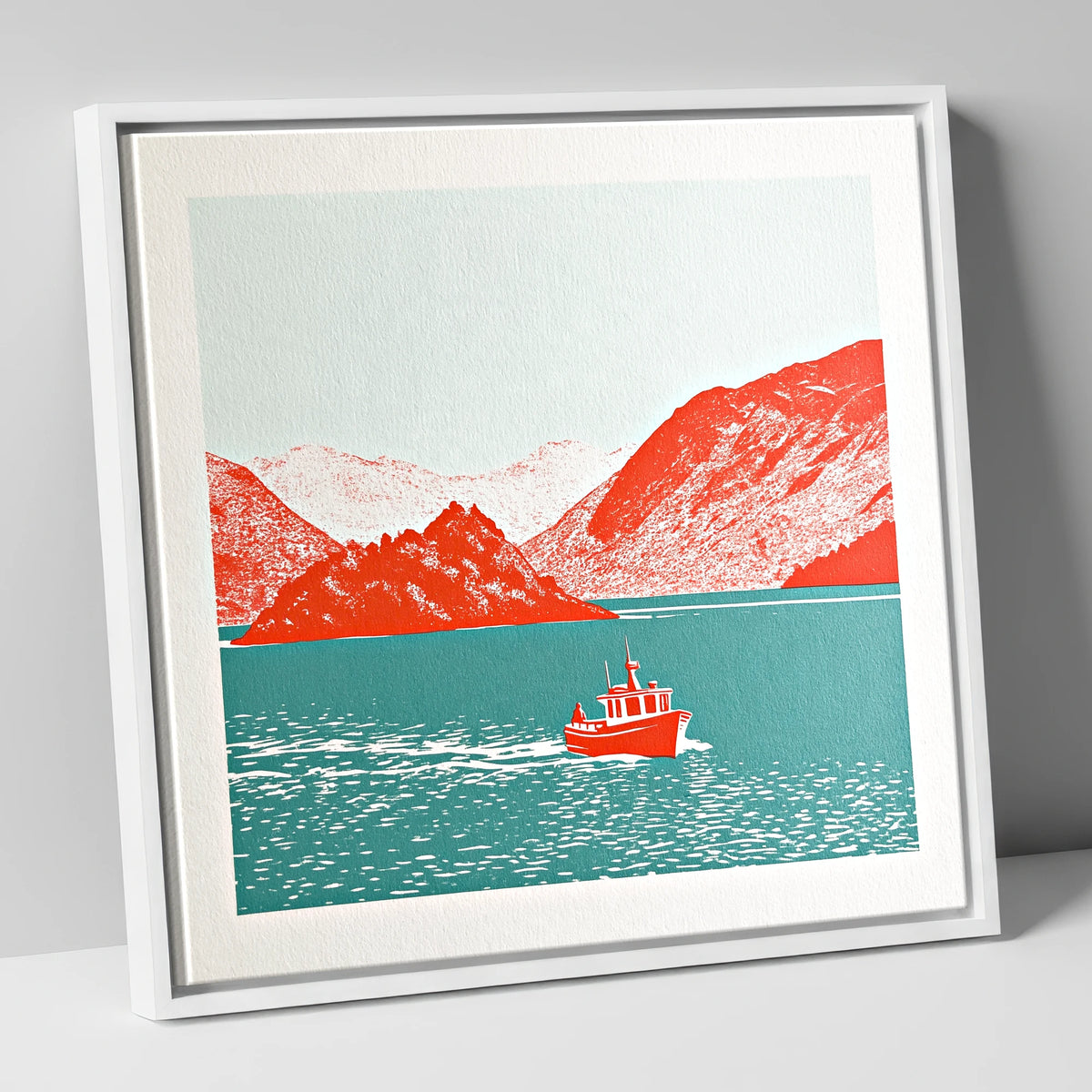 Red Boat on Teal Derwentwater lake district lake canvas wall art in white frame