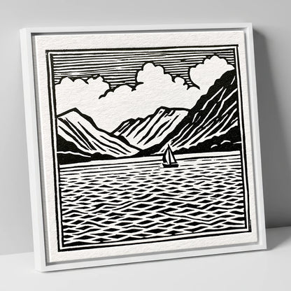 Black and White Ullswater Sailboat lake district lake canvas wall art in white frame