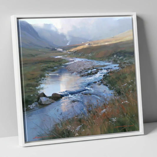 Winding Valley River in Sunlight lake district waterfall canvas wall art in white frame
