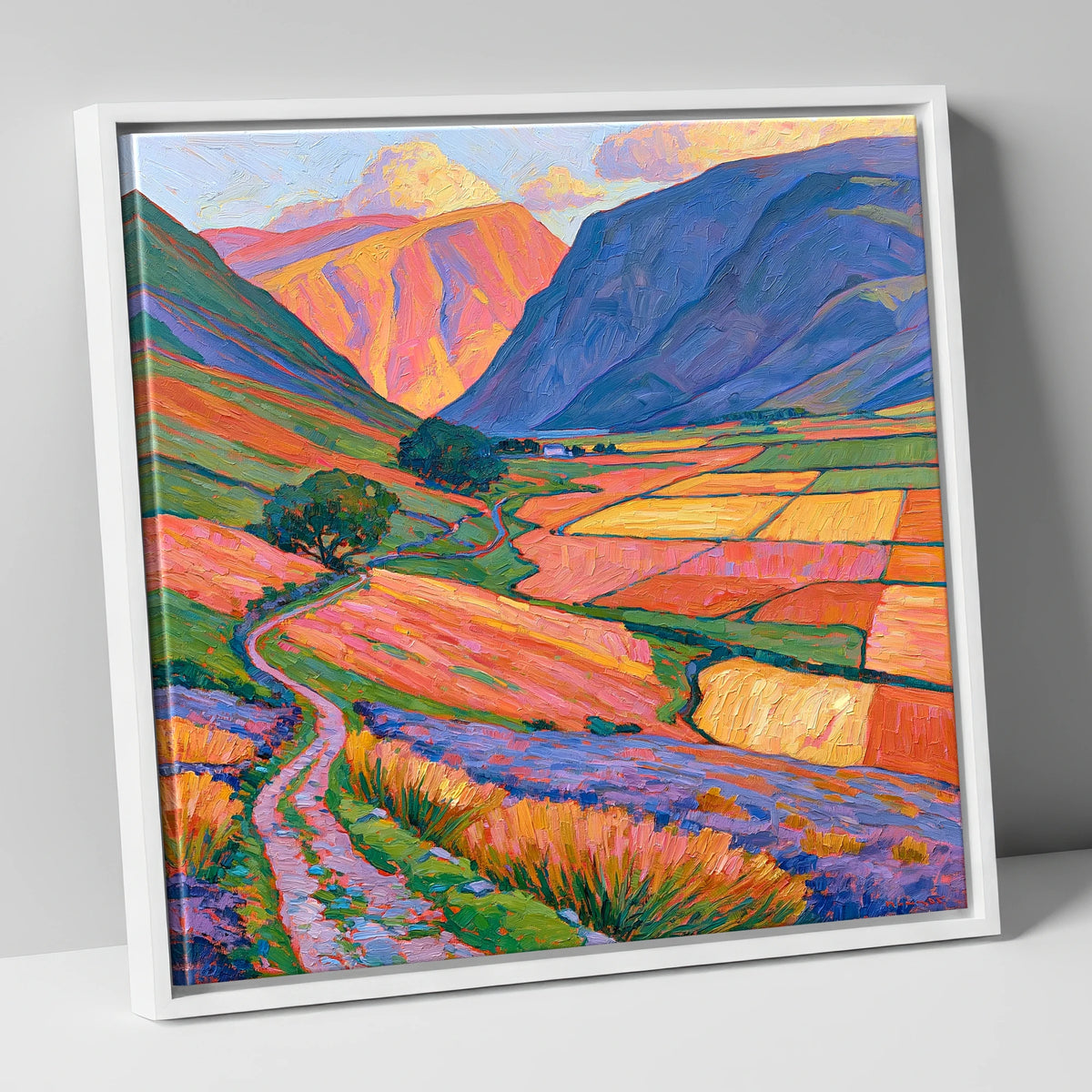 Sunlight on Patchwork Valley Fields lake district valley canvas wall art in white frame