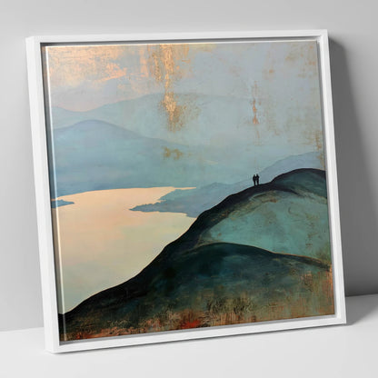 Silhouetted Walkers on Catbells Ridge lake district fell canvas wall art in white frame