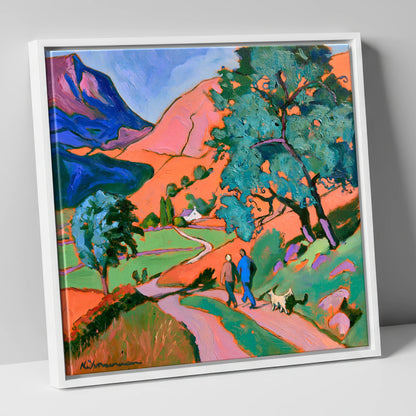 Vibrant Glenridding Dog Walk gifts for dog walkers canvas wall art in white frame