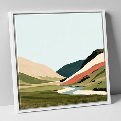 Winding River and Terracotta Fells lake district waterfall canvas wall art in white frame