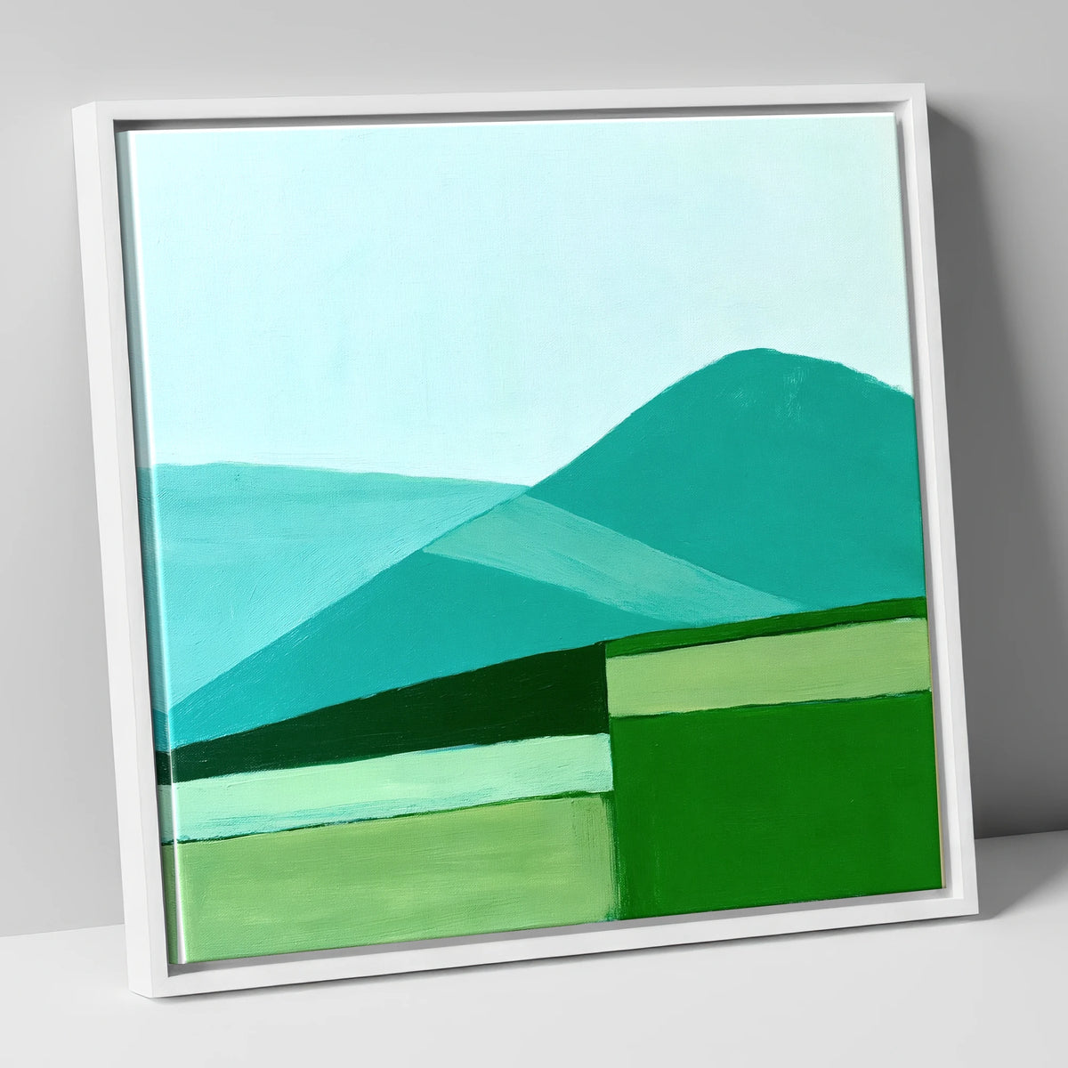 Modern Geometric Blencathra In Teal lake district fell canvas wall art in white frame