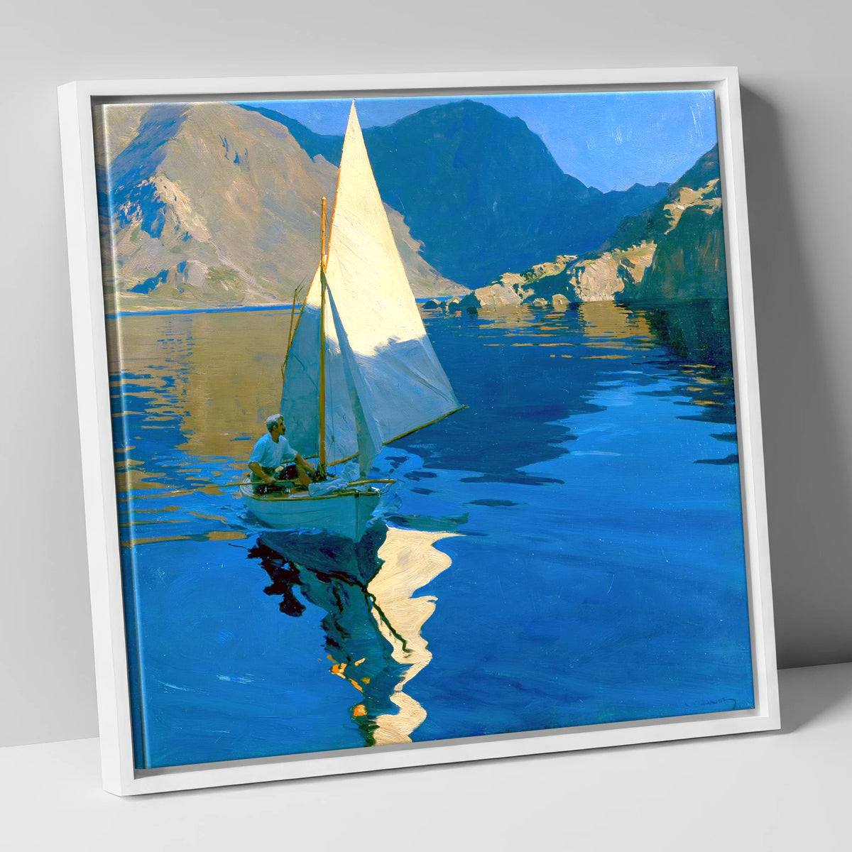 Sunlit Sailboat on a Breezy Lake lake district walking canvas wall art in white frame