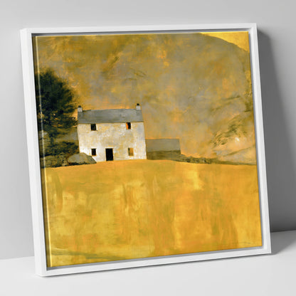 Stone Cottage in Golden Ochre lake district village canvas wall art in white frame
