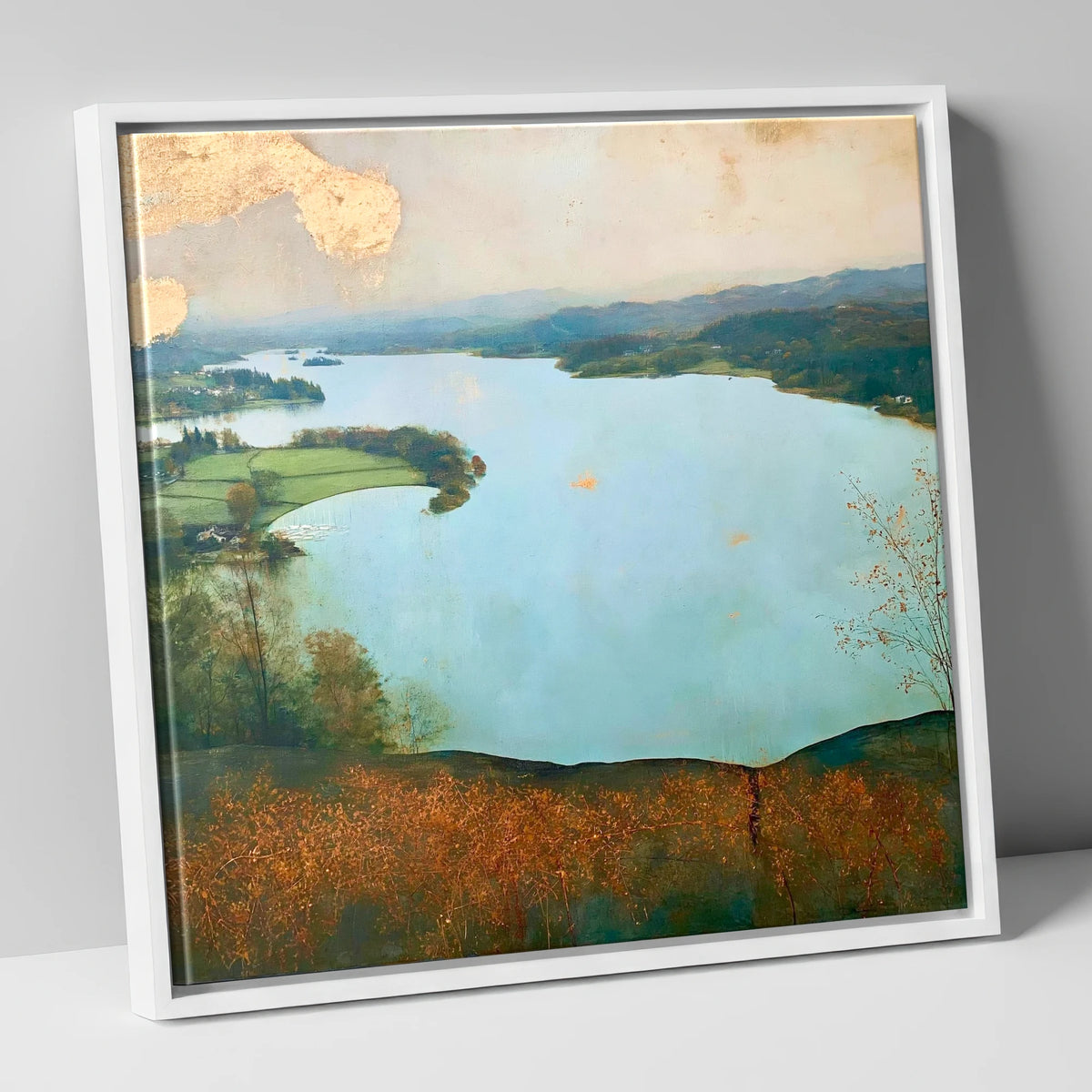 Windermere Over Autumn Bracken lake district lake canvas wall art in white frame
