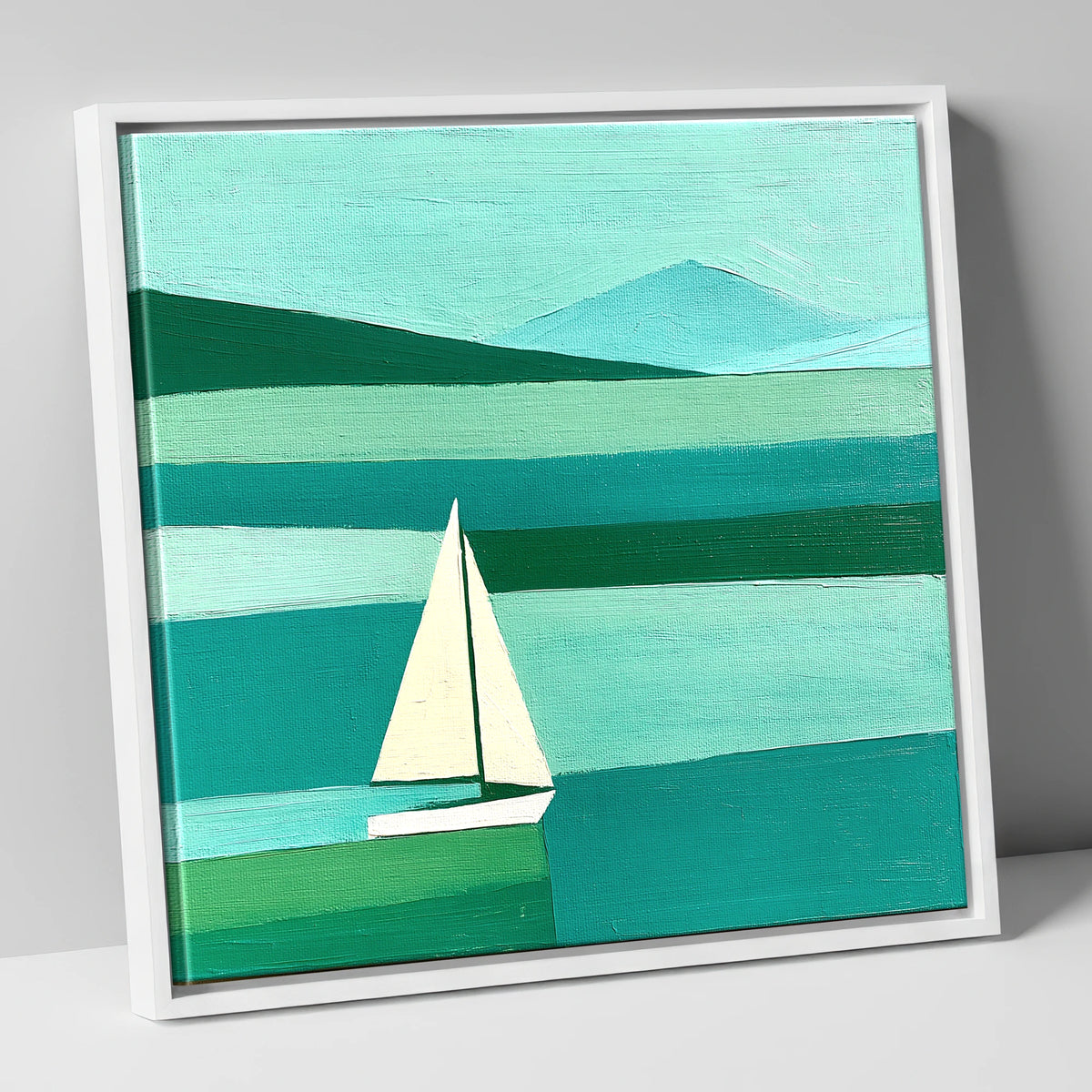White Sailboat on a Teal Lake lake district walking canvas wall art in white frame