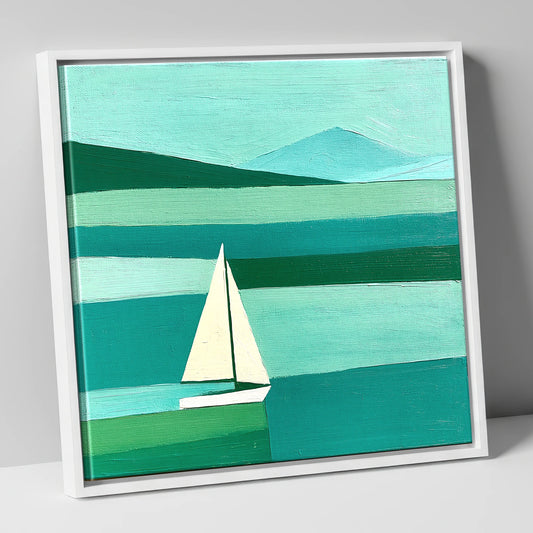 White Sailboat on a Teal Lake lake district walking canvas wall art in white frame