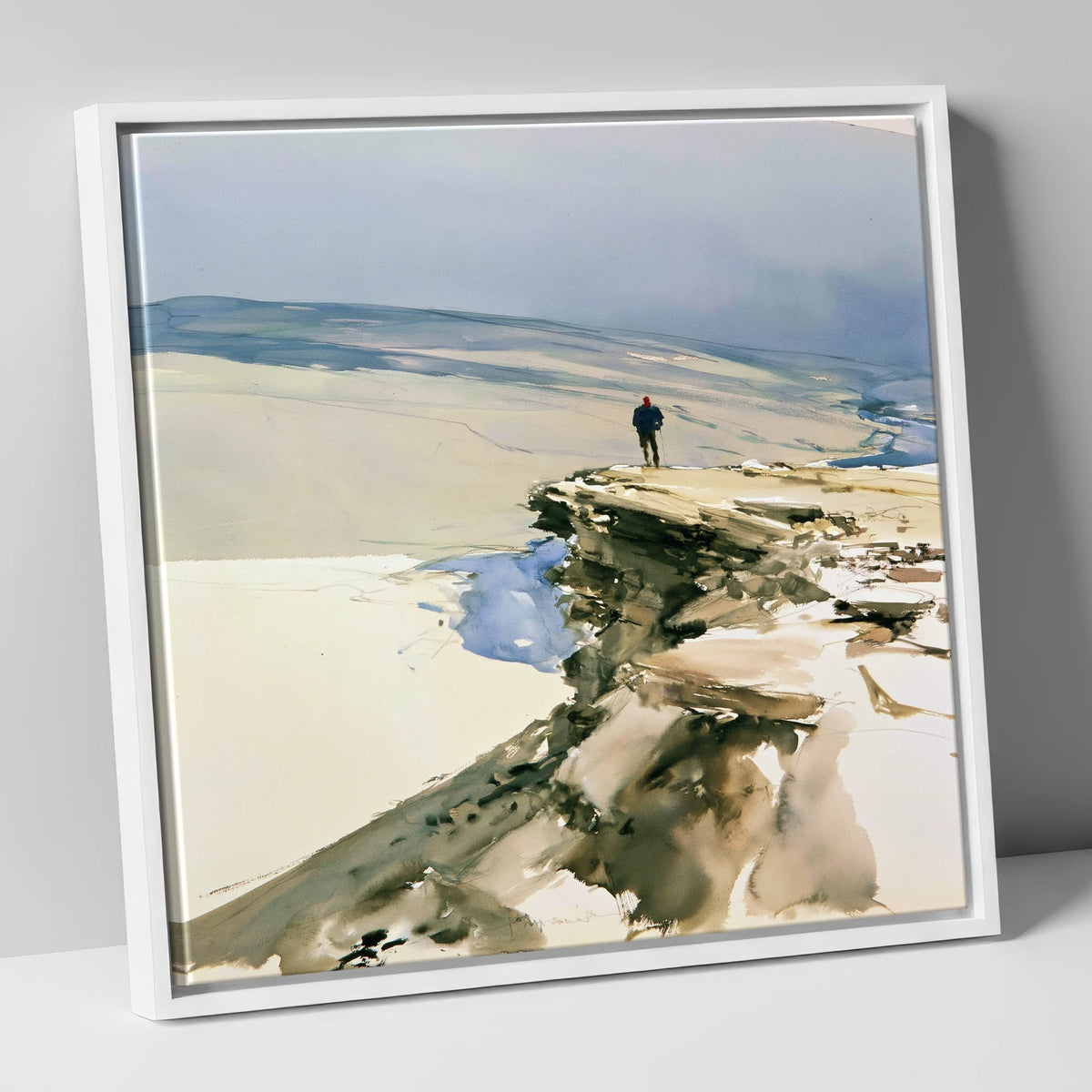Lone Hiker on Fell Edge lake district walking canvas wall art in white frame