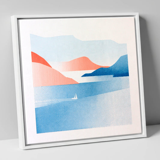 Graphic Sailboat on Lake Windermere lake district lake canvas wall art in white frame