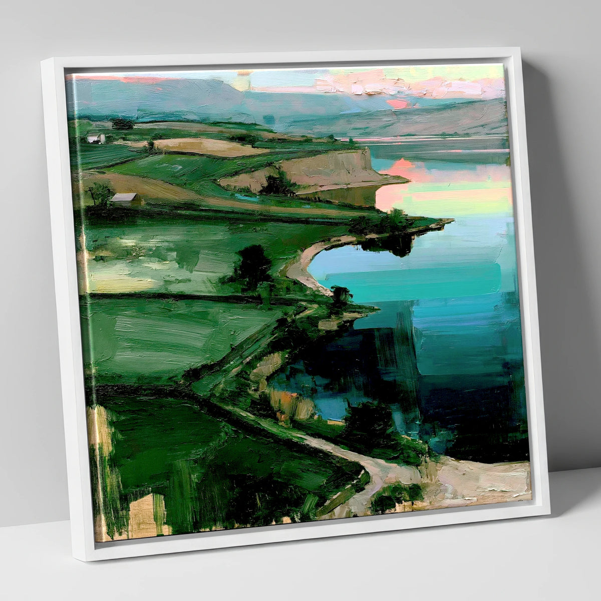 Pink Sky Over Turquoise Lake lake district lake canvas wall art in white frame