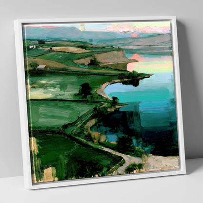 Pink Sky Over Turquoise Lake lake district lake canvas wall art in white frame