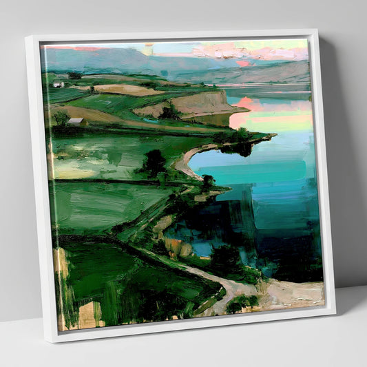 Pink Sky Over Turquoise Lake lake district lake canvas wall art in white frame