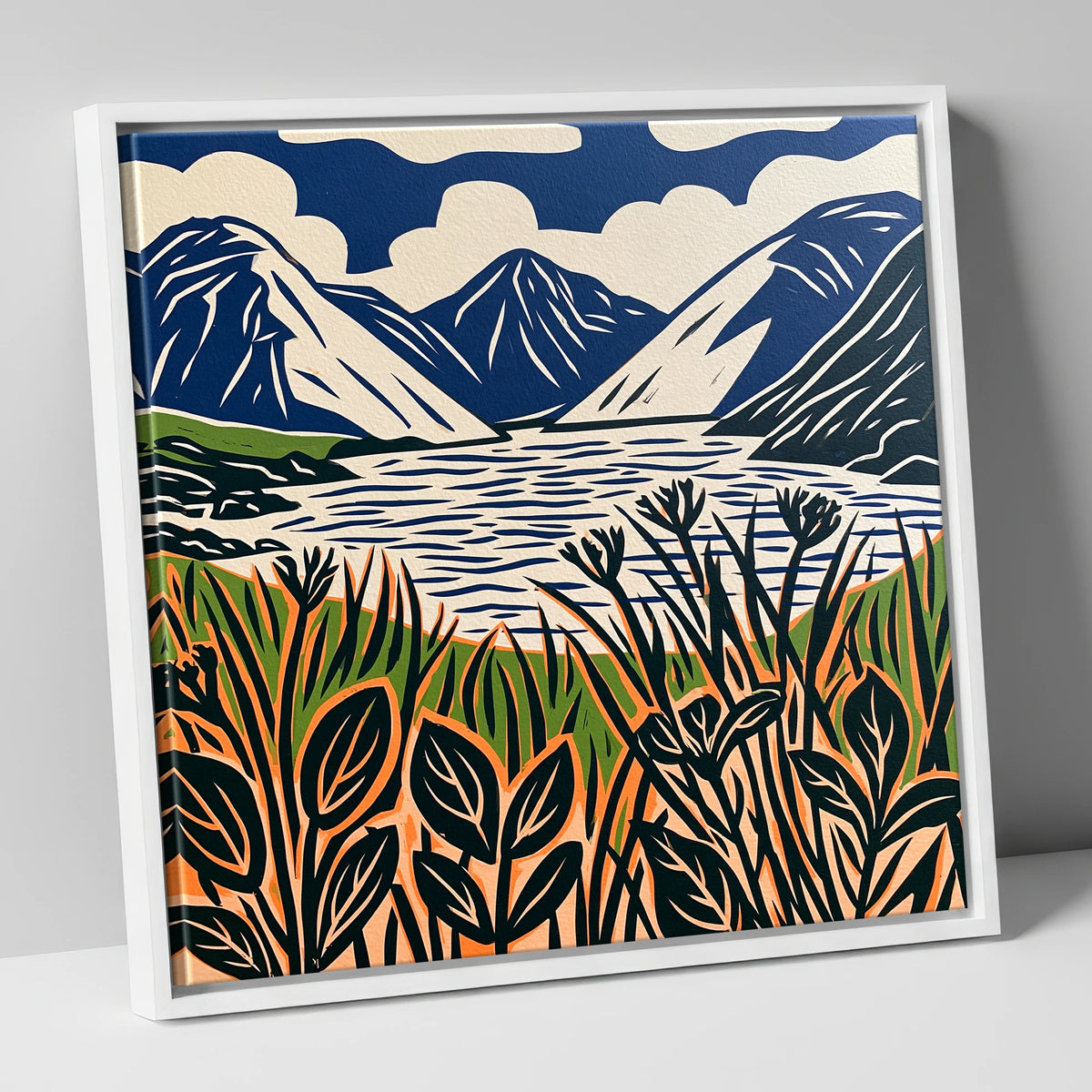 Wastwater in Navy and Orange lake district lake canvas wall art in white frame