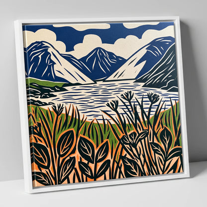 Wastwater in Navy and Orange lake district lake canvas wall art in white frame