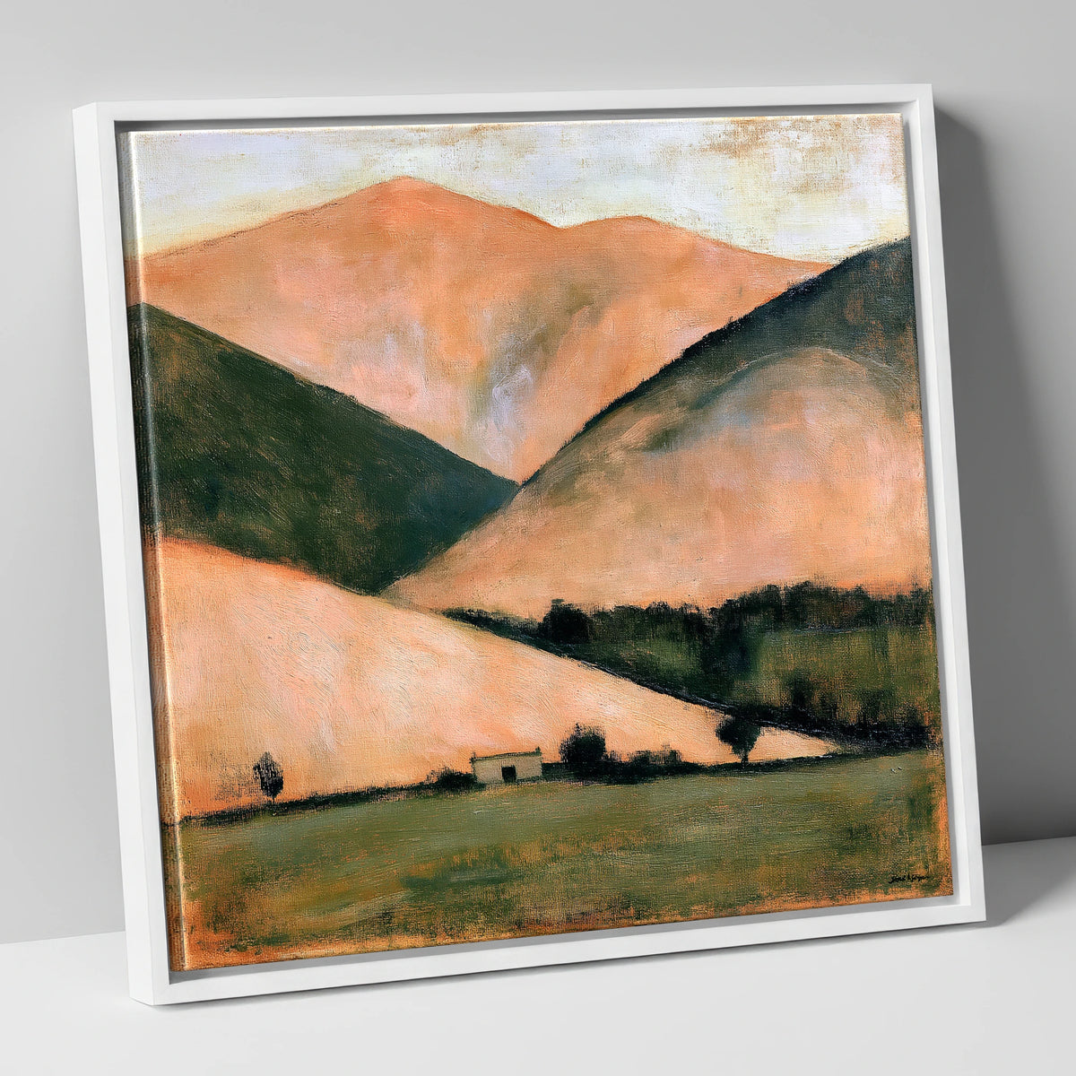 Golden Fells and Stone Bothy lake district sky canvas wall art in white frame