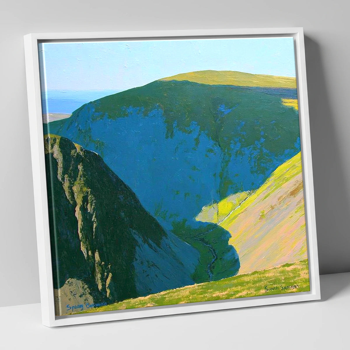High Pike Deep Blue Valley lake district fell canvas wall art in white frame