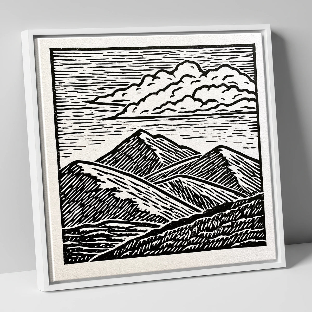 Black and White Rolling Fells lake district fell canvas wall art in white frame