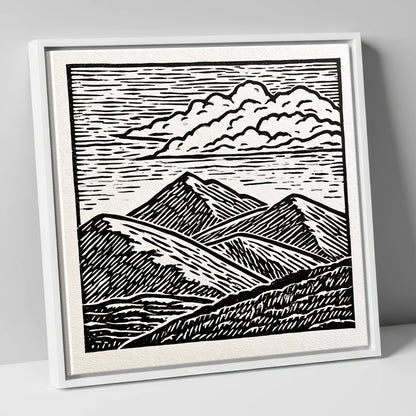 Black and White Rolling Fells lake district fell canvas wall art in white frame