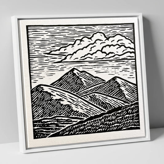 Black and White Rolling Fells lake district fell canvas wall art in white frame
