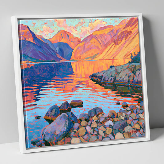 Vivid Wastwater and Yewbarrow Shore lake district lake canvas wall art in white frame