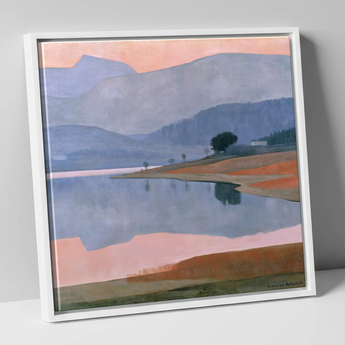 Lavender Fells and Still Lake lake district lake canvas wall art in white frame