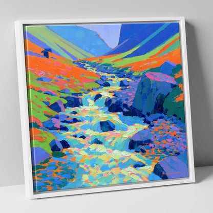 Vivid Flowing Fellside Beck lake district waterfall canvas wall art in white frame