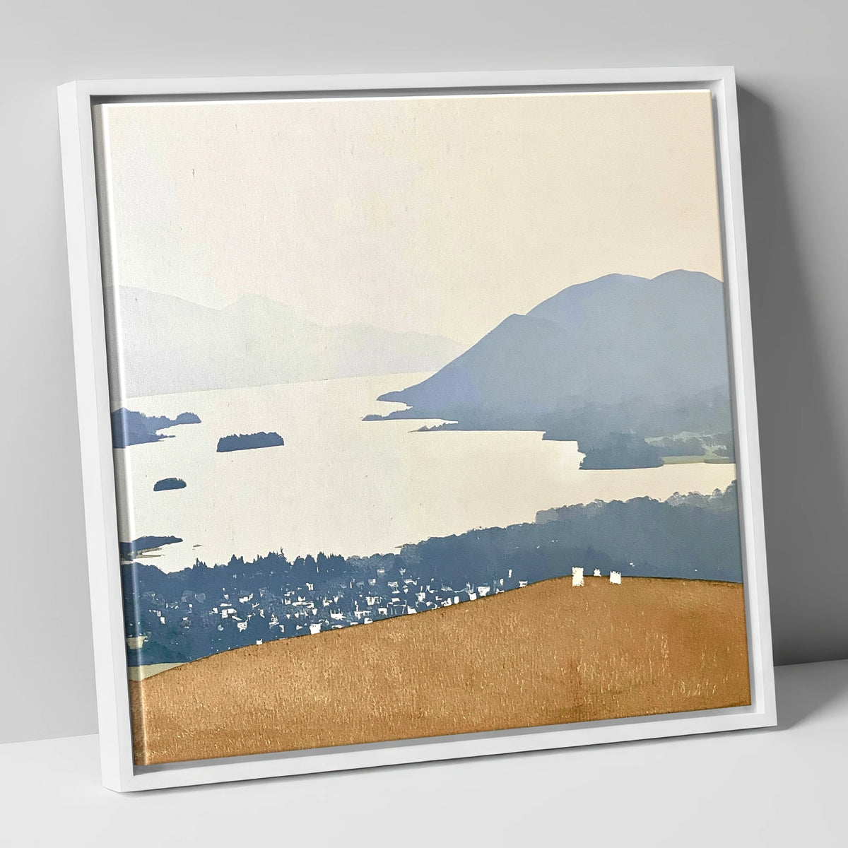 Misty Derwentwater from Latrigg lake district village canvas wall art in white frame