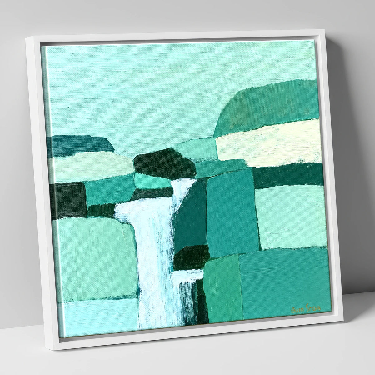 Abstract Teal Waterfall Over Rocks lake district waterfall canvas wall art in white frame